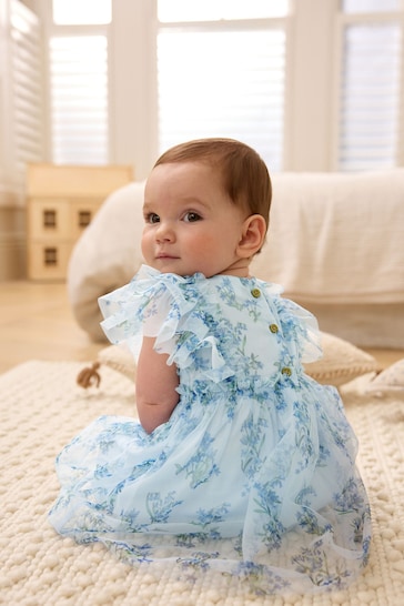 Blue Floral Baby Party Frill Sleeve Dress (0mths-2yrs)