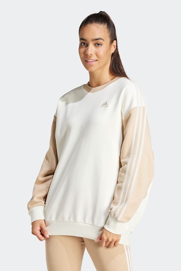adidas White Sportswear Essentials 3-Stripes Oversized Fleece Sweatshirt
