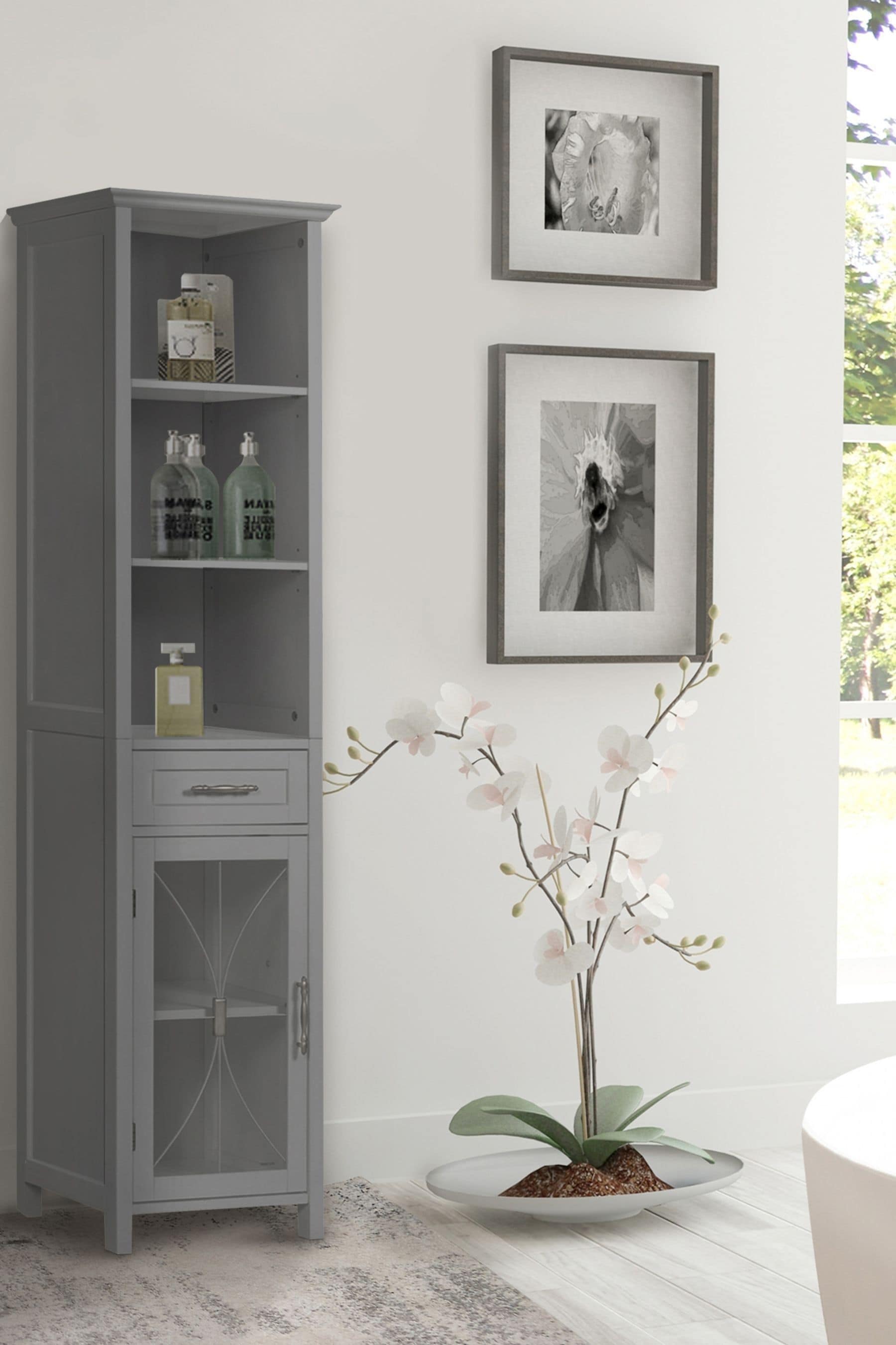 Gray bathroom new arrivals linen cabinet