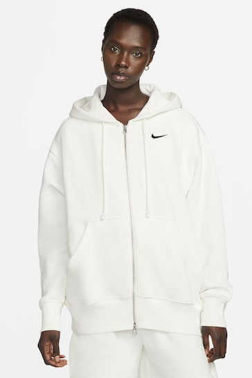 Nike White Phoenix Fleece Mini Swoosh Oversized Full Zip Hoodie