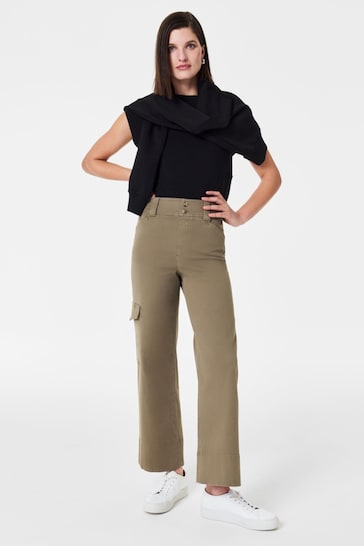 Spanx Green Stretch Twill Cropped Cargo Trousers