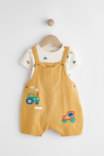 Yellow Tractor Baby Woven Dungarees and Bodysuit Set (0mths-2yrs)