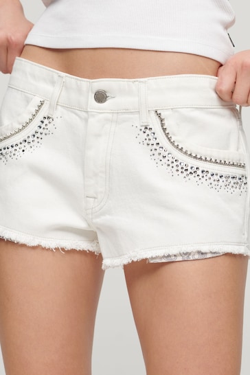 Superdry White Diamante Embellished Denim Shorts