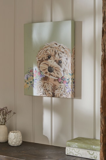 Sage Green Cockapoo Dog with Flowers Canvas Wall Art