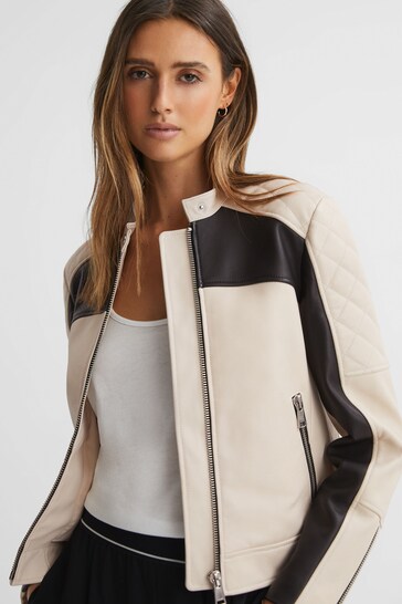 Reiss Black/Neutral Adelaide Leather Collarless Quilted Jacket
