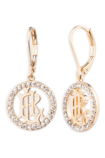 Lauren Ralph Lauren Gold Tone Pave Logo Drop Earrings With Crystal Detailing