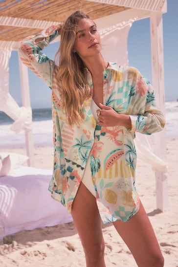 Aqua/White/Pink Beach Shirt Cover-Up