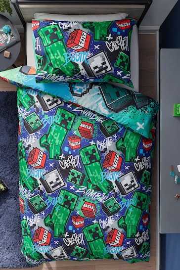 Blue Minecraft Duvet Cover and Pillowcase Set