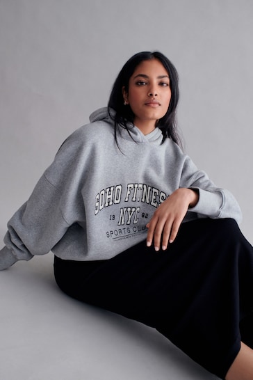 Grey Marl New York City Graphic Oversized Relaxed Fit Active Longline Overhead Hoodie