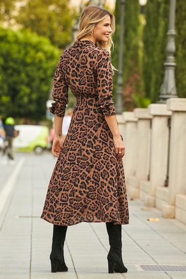 Sosandar Black/Brown Leopard Print Shift Dress With Belt
