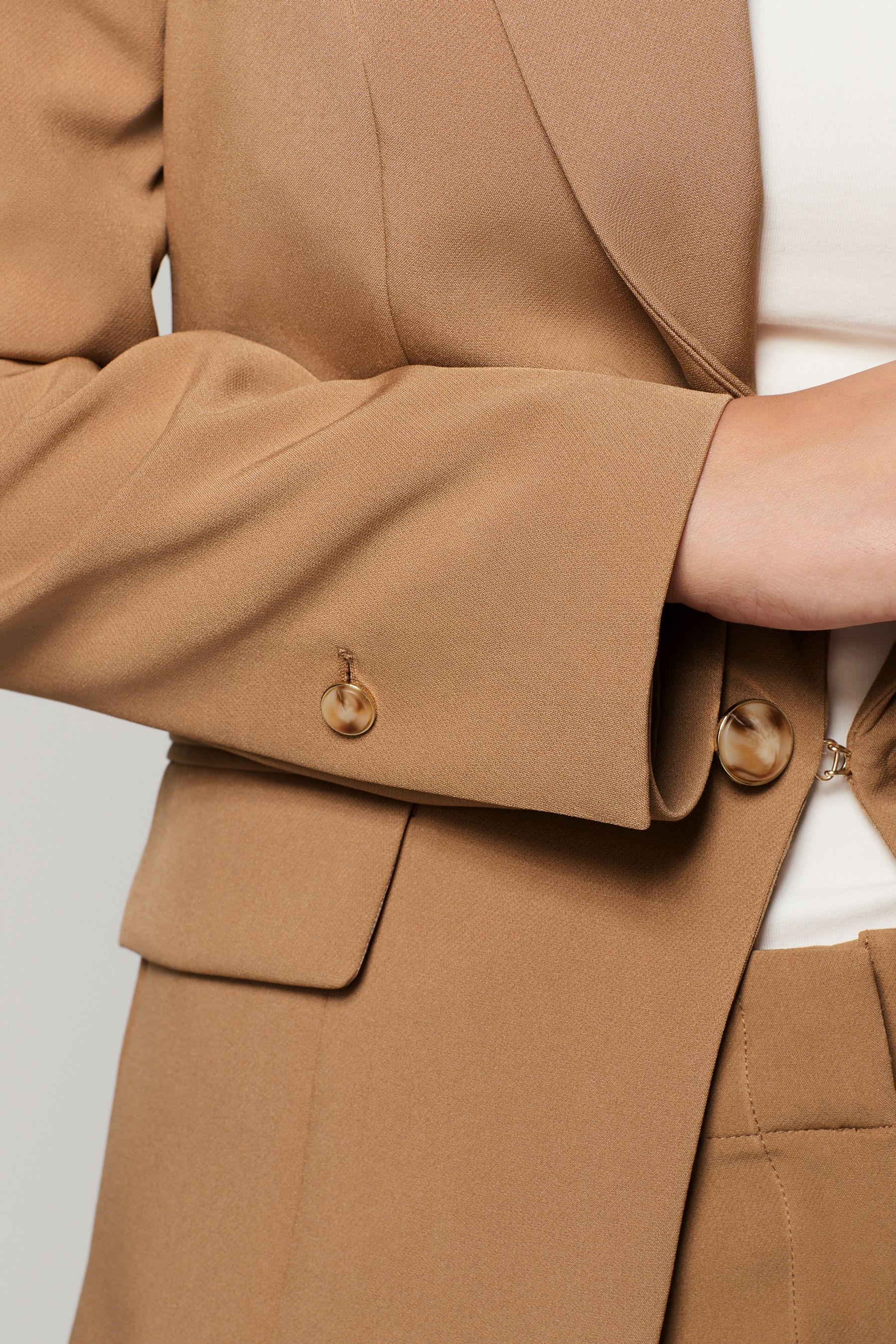 Camel Brown Tailored Crepe Edge to Edge Fitted Blazer