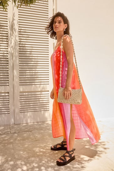 Orange/Pink Ombre Textured Volume Summer Maxi Dress