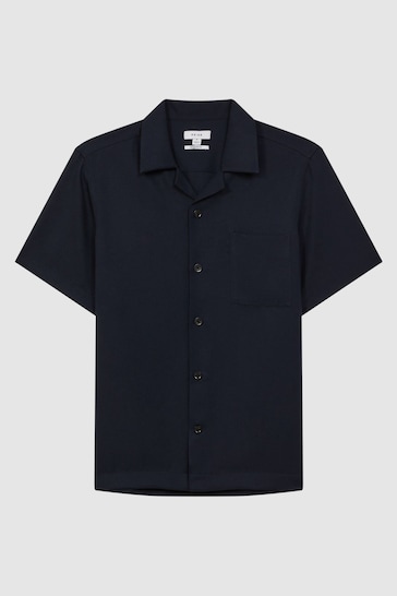Reiss Navy Tokyo Cuban Collar Button-Through Shirt