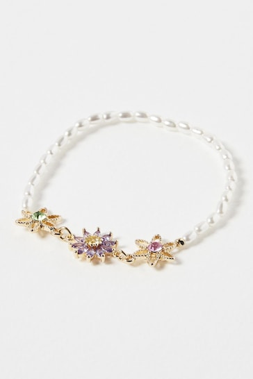 Oliver Bonas Natural Jada Flower & Faux Pearl Friendship Bracelet