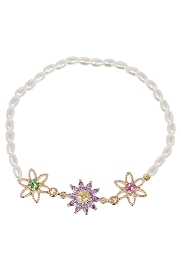 Oliver Bonas Natural Jada Flower & Faux Pearl Friendship Bracelet