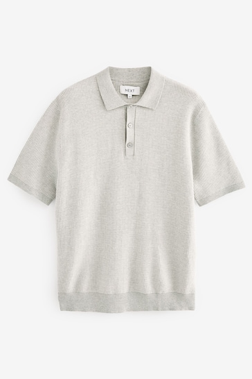 Grey Knitted Waffle Textured Regular Fit Polo Shirt