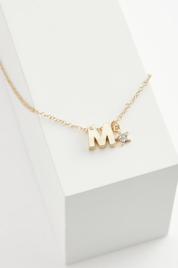 Gold Tone M Star Initial Necklace