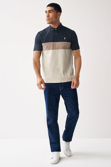Navy Blue/Neutral Short Sleeve Button Up Block Polo Shirt