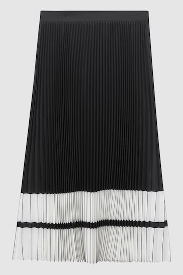 Reiss Black/White Marie High Rise Pleated Midi Skirt
