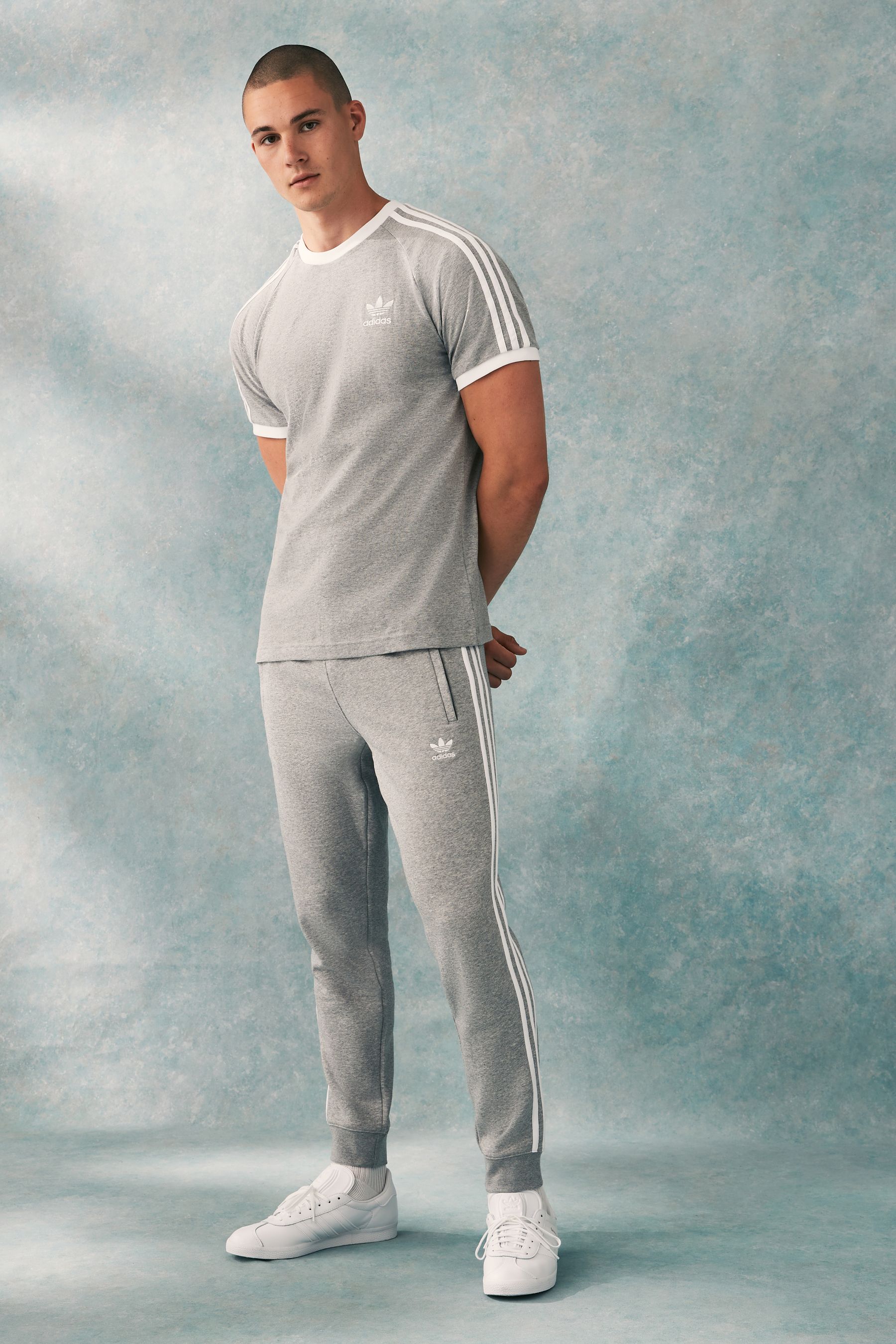 Adidas grey 3 stripe joggers online