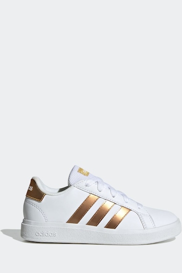 adidas White/Gold Kids Sportswear Grand Court Lifestyle Tennis Lace-Up Trainers