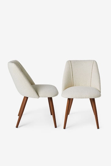 MADE.COM Set of 2 White Boucle and Walnut Legs Lule Non Arm Dining Chairs