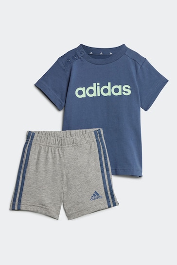 adidas Blue/Grey Sportswear Essentials Lineage Organic Cotton T-Shirt And Shorts Set