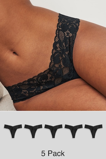Black Thong Floral Lace Knickers 5 Pack