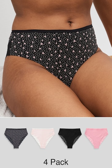 Black/Pink Heart Print High Rise High Leg Cotton and Lace Knickers 4 Pack