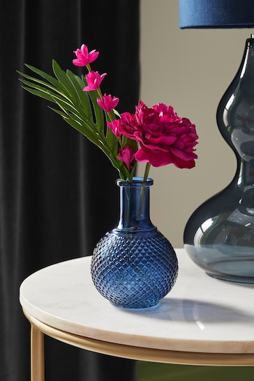 Pink Artificial Peony In Navy Glass Vase