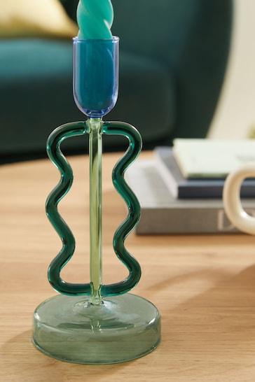 Green Wiggle Arm Glass Taper Candle Holder