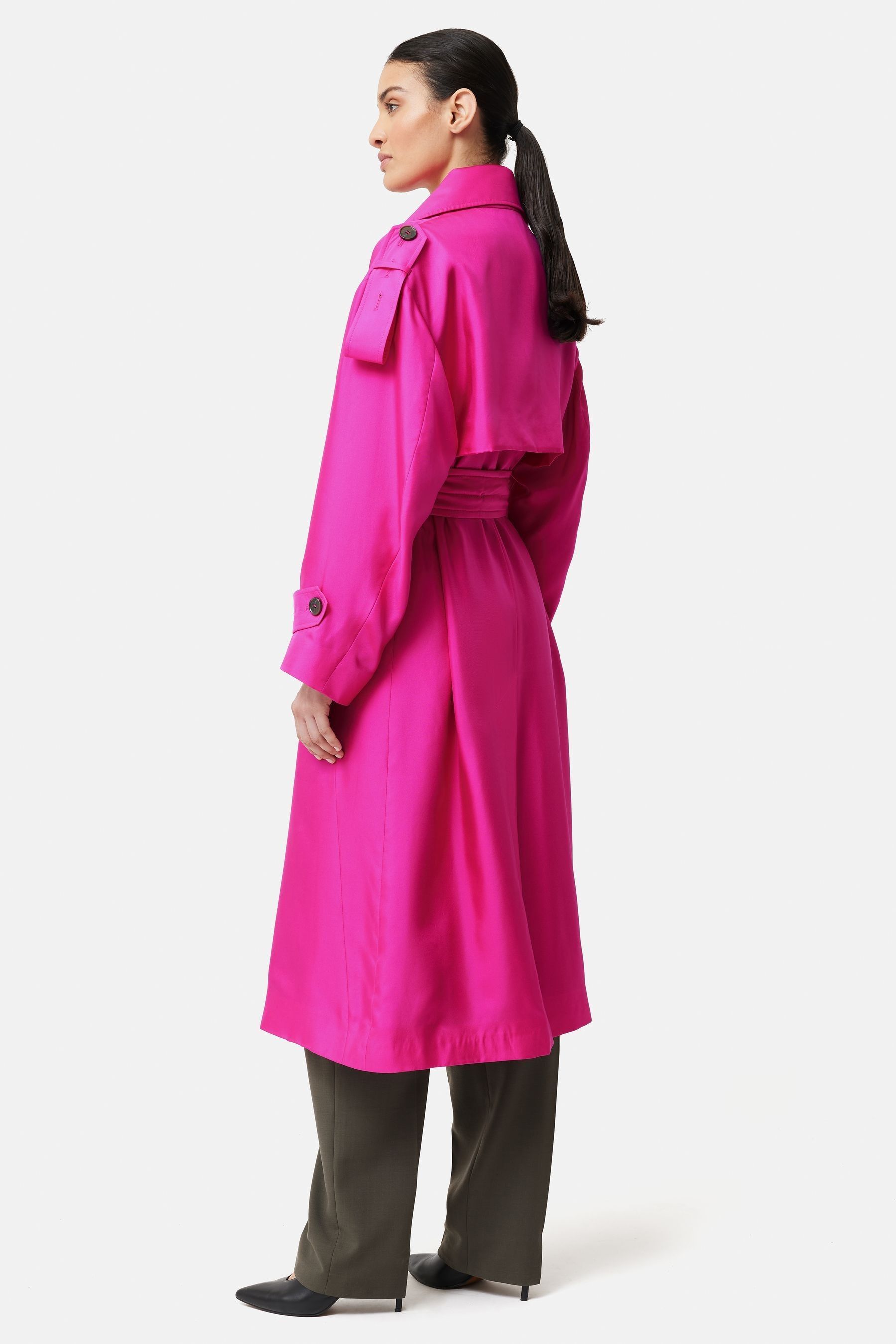 Pink silk deals trench coat