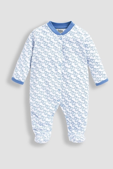 JoJo Maman Bébé Blue Personalised Little Elephants Cotton Baby Sleepsuit