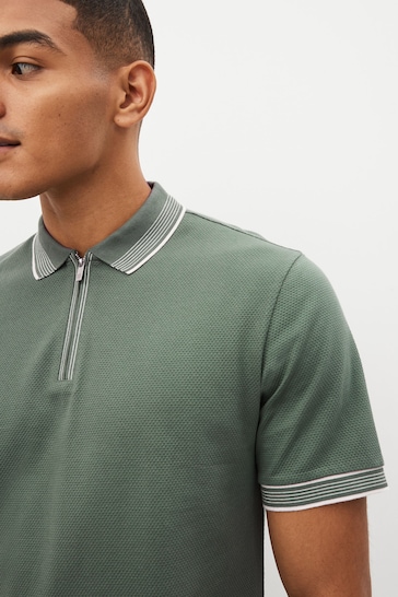 Sage Green Tipped Textured Polo Shirt