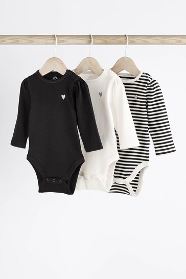 Black/Cream Long Sleeve Baby Bodysuits 3 Pack