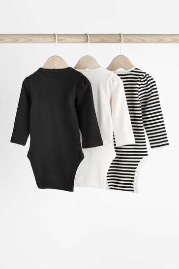 Black/Cream Long Sleeve Baby Bodysuits 3 Pack