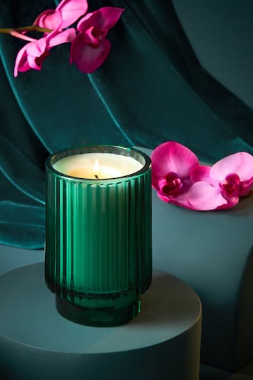 Teal Blue Single Wick Dark Orchid and Patchouli Scented Candle