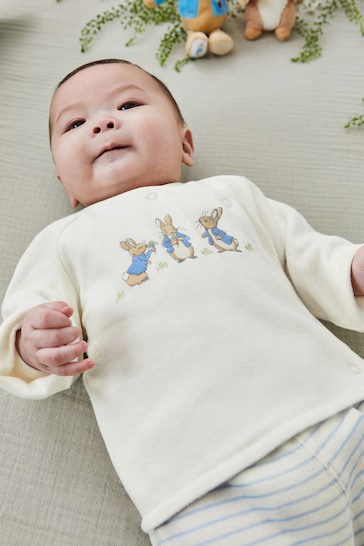 JoJo Maman Bébé Blue Peter Rabbit Appliqué Wrap Top & Cosy Trousers Baby Set