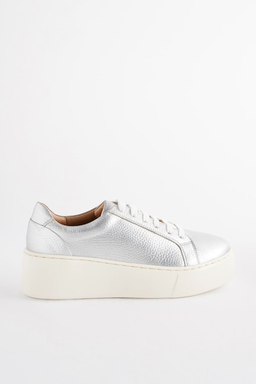 Silver Lace Up Signature Forever Comfort® Leather Chunky Wedges Platform Trainers