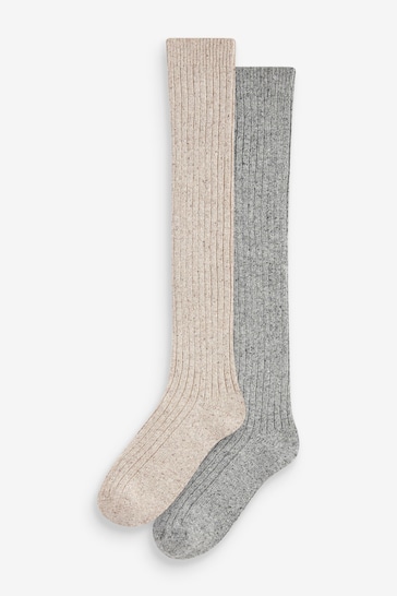 Grey/Cream Thermal Wool Blend Knee High Socks With Silk 2 Pack