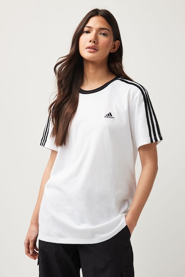 adidas White 3 Stripe Boyfriend T-Shirt