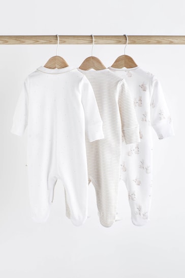 Neutral Bunny Delicate Appliqué Baby Sleepsuits 3 Pack (0-2yrs)