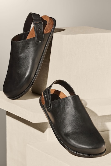 Black Premium Leather Mules Clogs