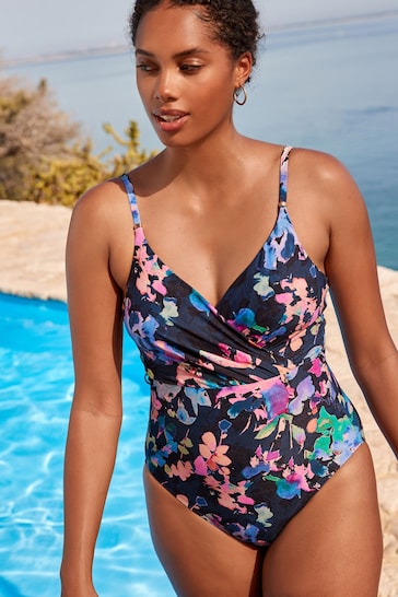 Navy Blue Floral Wrap Plunge Tummy Shaping Control Swimsuit