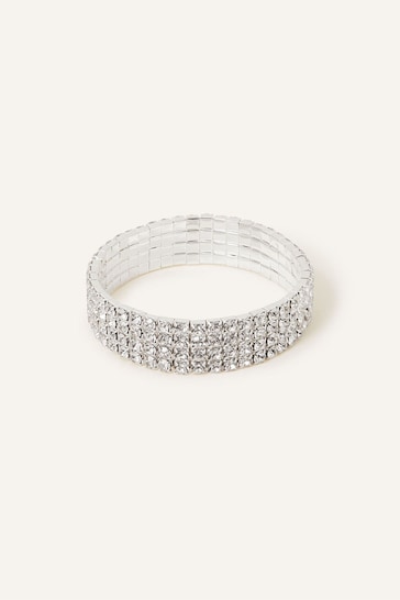 Accessorize Silver Tone Wide Crystal Cupchain Stretch Bracelet