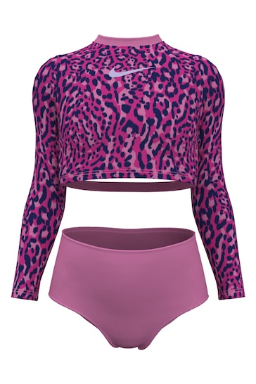 Nike Pink Nike Swim  Animal Print Long Sleeve Bikini Set