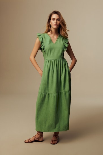 Laura Ashley Green Linen Blend Lace Trim Midaxi Dress