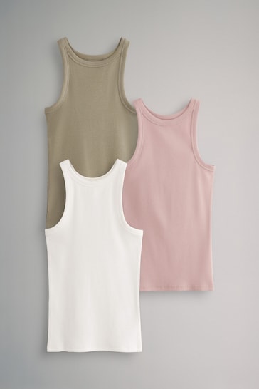 The Set Khaki Green/Pink/Cream 3 Pack Ribbed Racer Vests