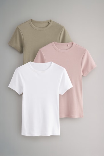 The Set Khaki Green/Pink/White 3 Pack Ribbed Short Sleeve T-Shirts