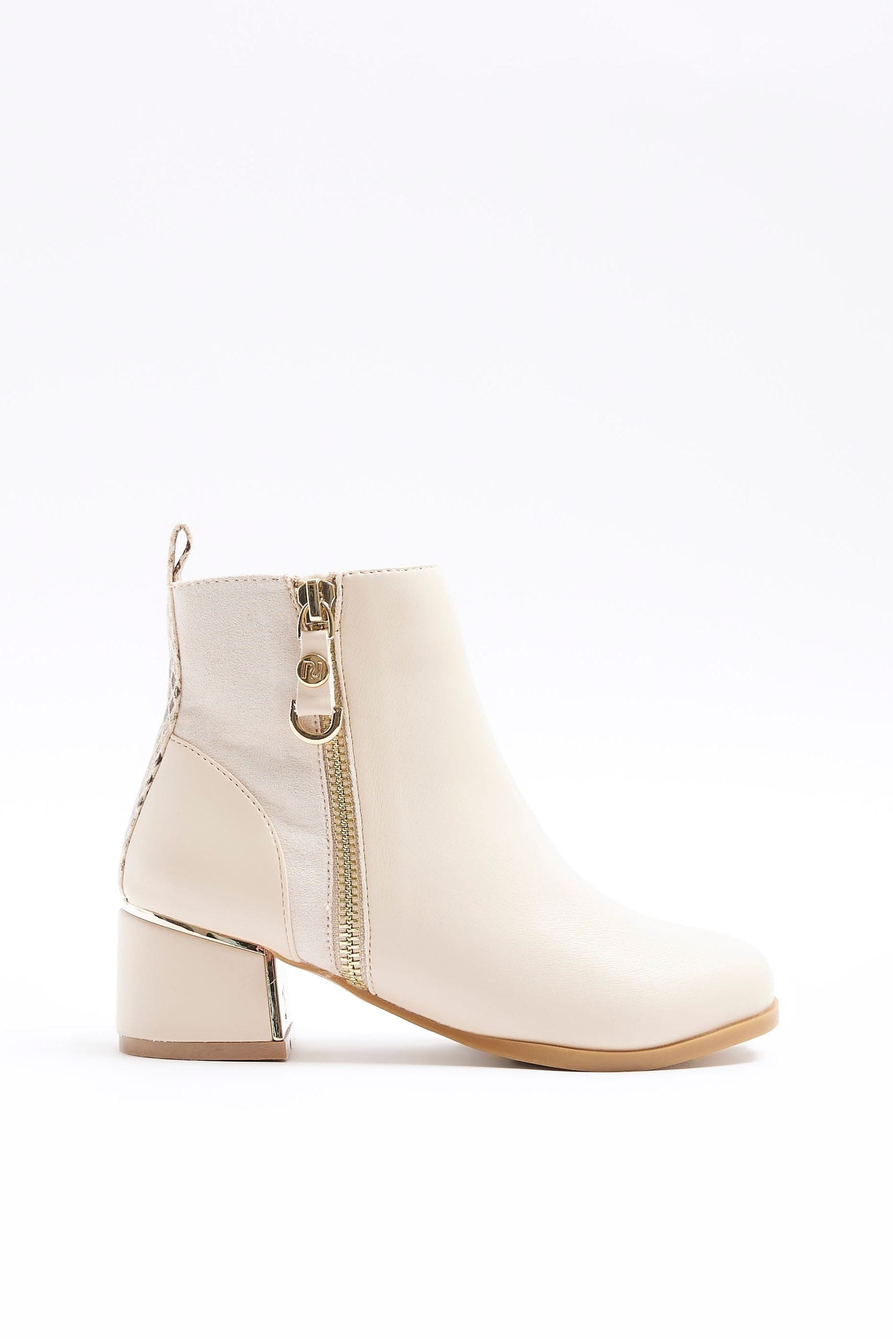 River Island Cream Girls Side Zip Mix Heeled Boots